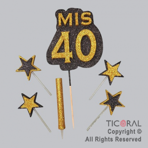 ADORNO DE TORTA SET MIS 40 CON 4 ESTRELLAS Y BENGALA GIBRE ORO x 1